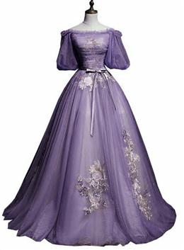 Picture of Charming Purple Short Sleeves Tulle Puffy Long Formal Dresses, Lovely Evening Dresses Party Dresses